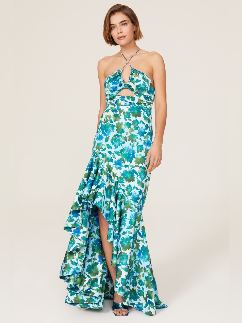 AMUR Blue and Green Floral Halter High-Low Maxi Dress